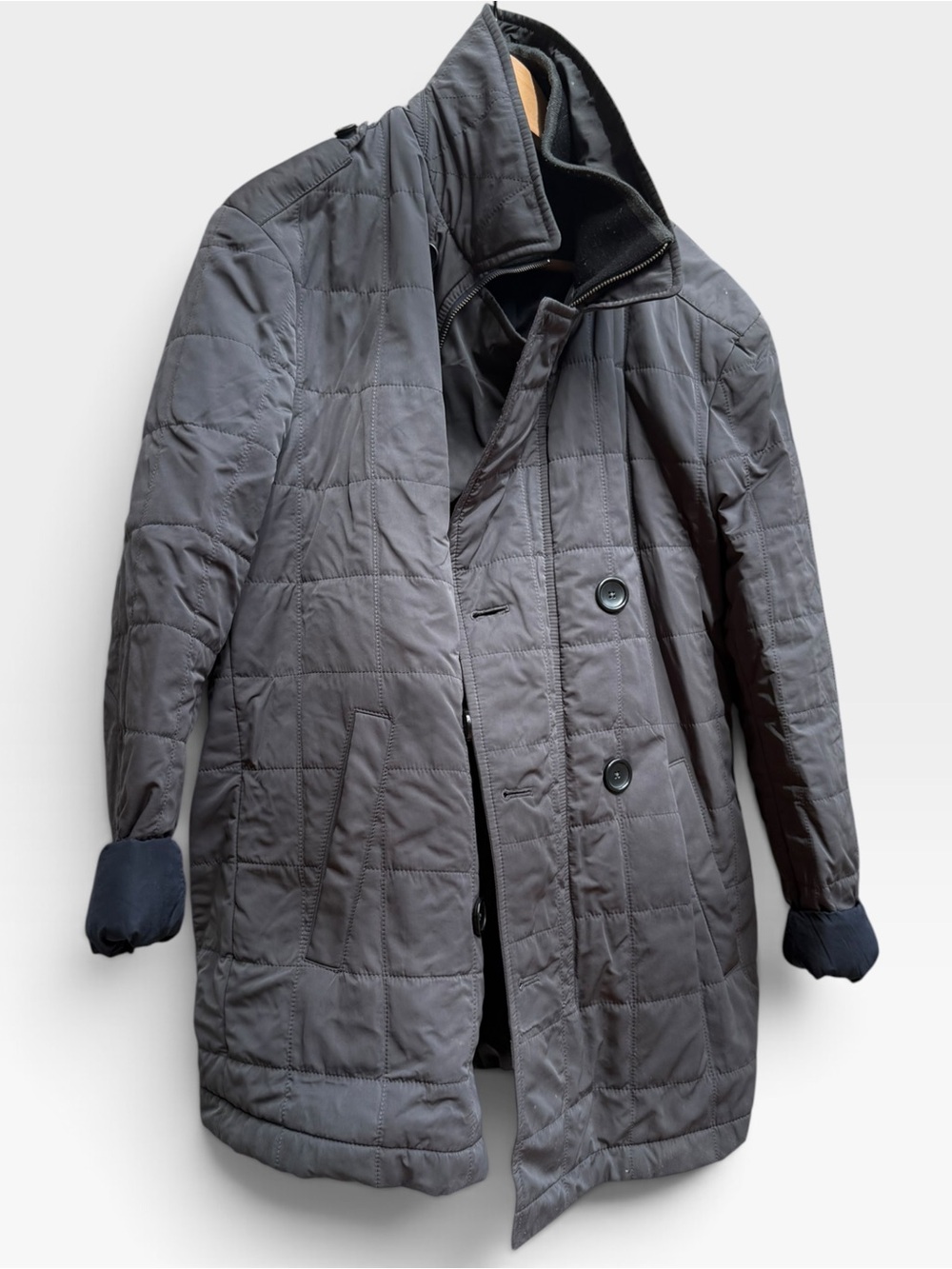 Banana Republic Gray Quilted Car Coat Fleece Collar Zip Button XL